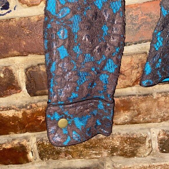 Fiona Woof Metallic Brown Blue Lace Blazer Jacket Women's Size 6 - Picture 6 of 9